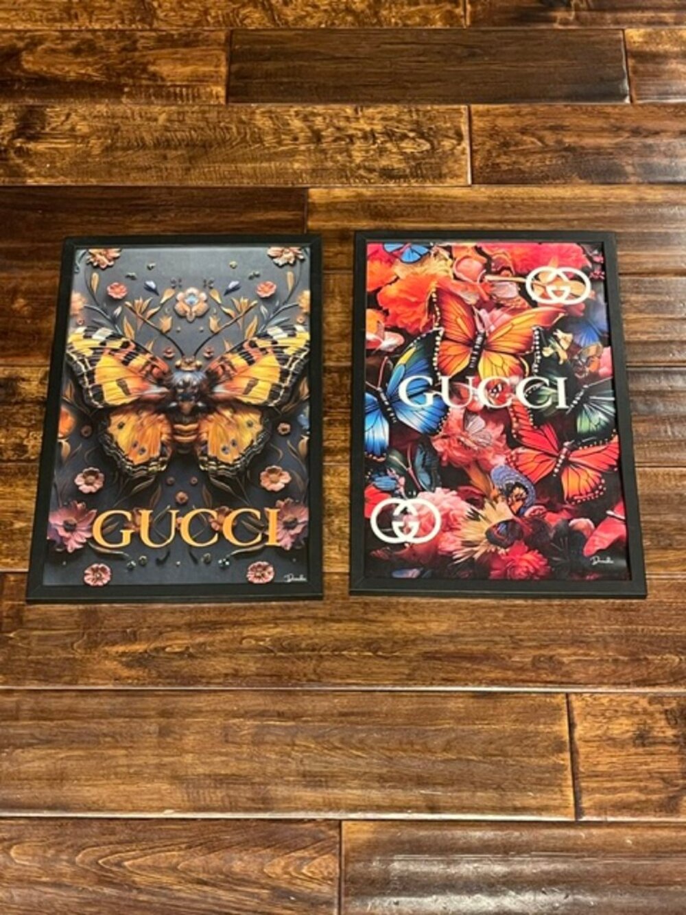 Gucci Butterfly Floral Framed Art Prints 11x17 Set of 2 Black Frame Wall Decor